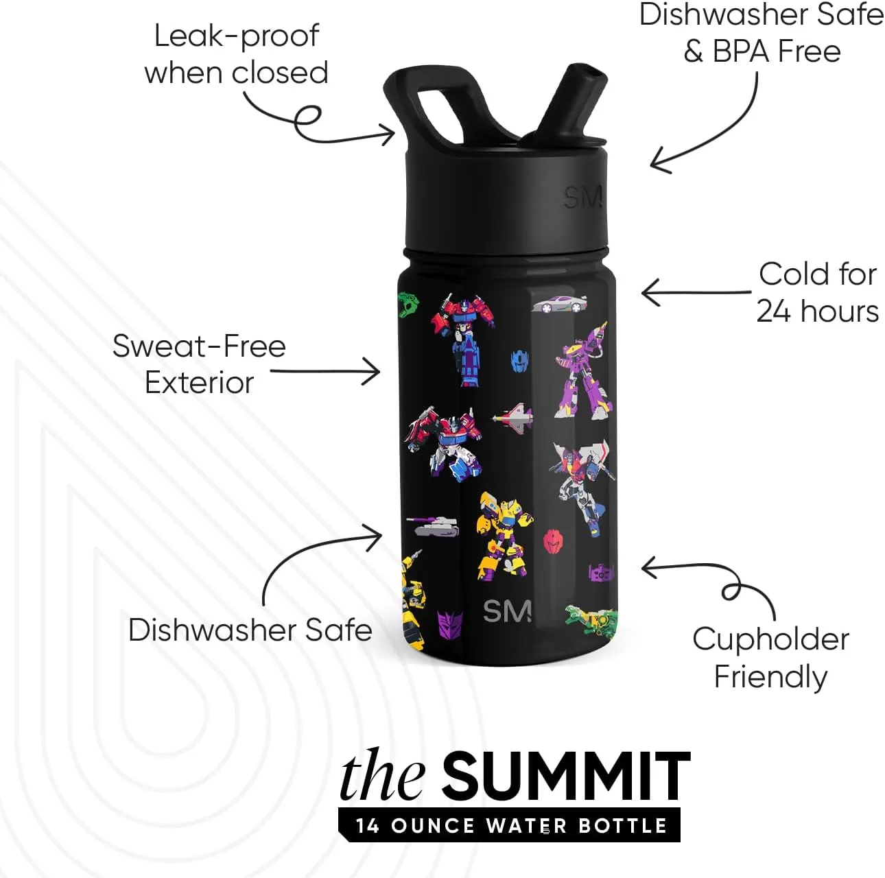 Simple Modern Kids Summit Water Bottle with Straw Lid | Transformers 14oz Stainless Steel Cup Insulated Tumbler for Toddlers, Boys, School | Transformer Block Nation