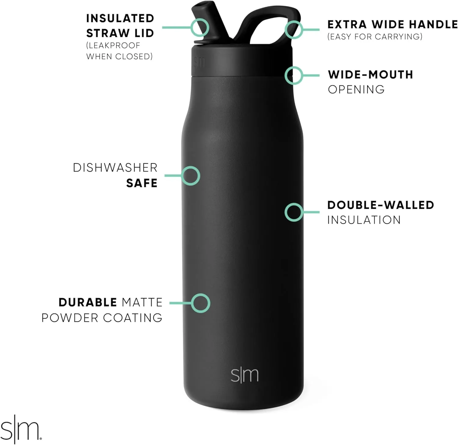 Simple Modern Water Bottle with Straw lid | Insulated Stainless Steel Thermos | Reusable Travel Water Bottles for Gym & Sports | Leak Proof & BPA Free | Mesa Collection | 34oz, Midnight Black