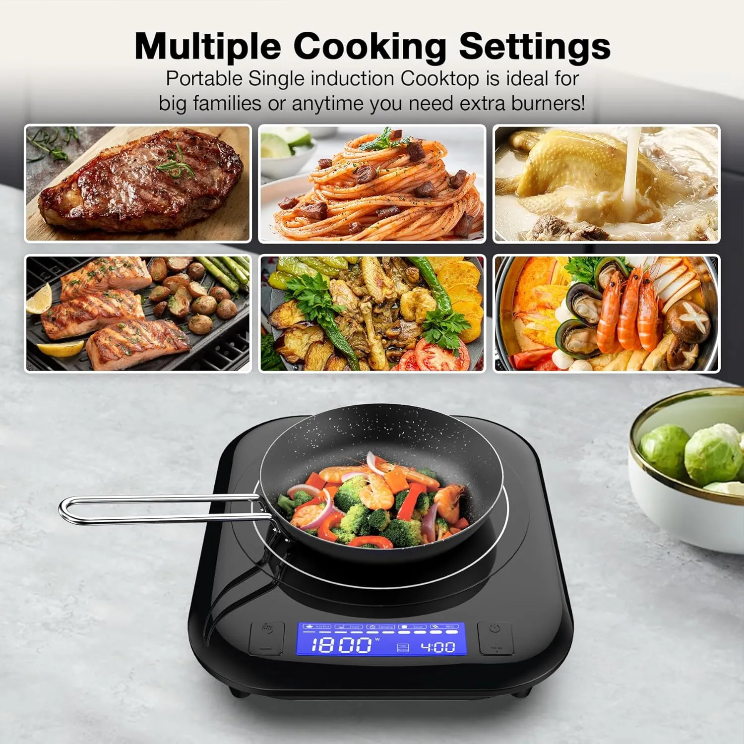 Single Induction Cooktop,1800W 110V Single Burner Cooktop,Induction Hot Plate with 5 Cooking Modes, Electric burner with LCD touch control,9 Temperature Levels & 4H Timer,Overheat protection