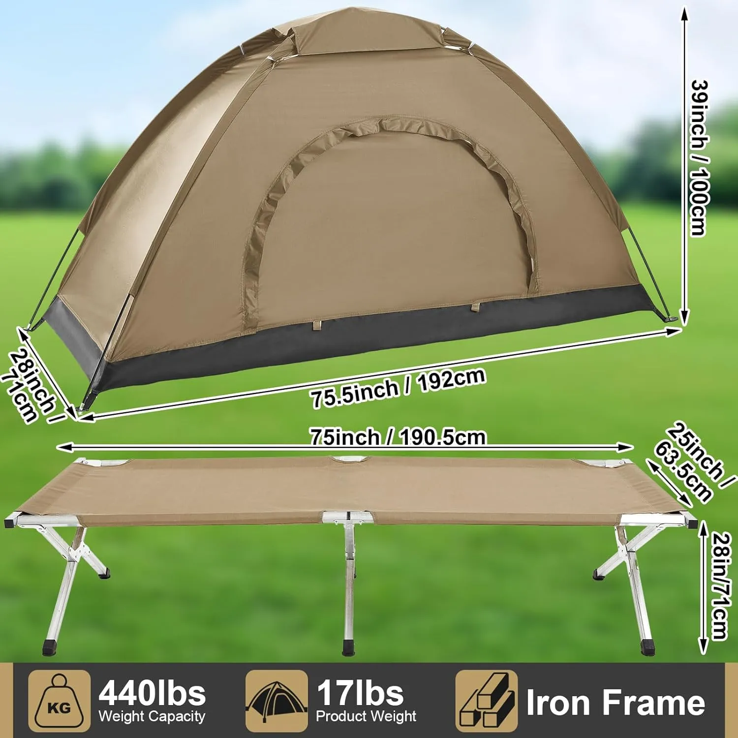Single Person Camping Tent Cot, 75''l x 25''w x 16. 5'' H Portable Cots for Adults Ultralight 1 Person Cot Tent Folding Bed with Storage Bag for Outdoor Hiking Travel Home Picnic(Khaki)