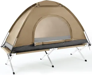 Single Person Camping Tent Cot, 75''l x 25''w x 16. 5'' H Portable Cots for Adults Ultralight 1 Person Cot Tent Folding Bed with Storage Bag for Outdoor Hiking Travel Home Picnic(Khaki)