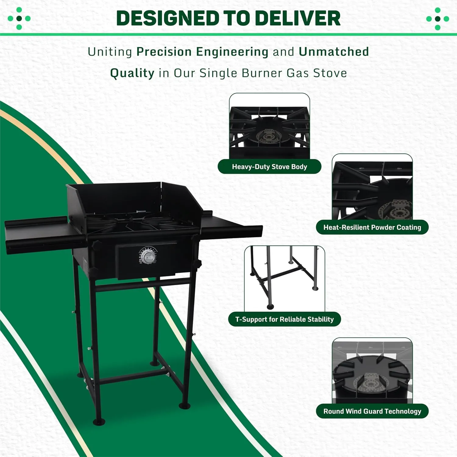 Single Propane Burner Stove -1,30,000 High btu Propane Burner Camping Stove with Dual Side Shelf & Wind Panel- Steel Single Burner Propane Stove with CSA-approved 0-20 PSI regulator & hose pipe.