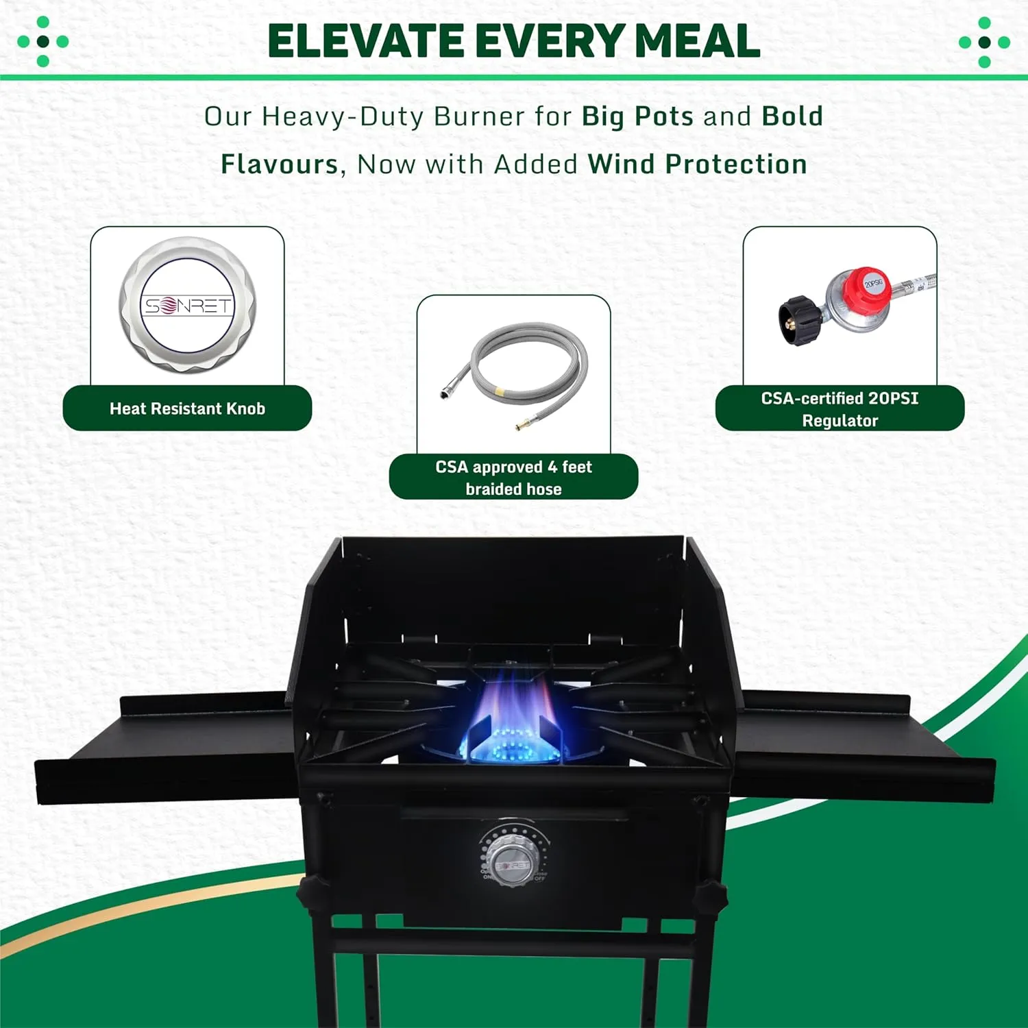 Single Propane Burner Stove -1,30,000 High btu Propane Burner Camping Stove with Dual Side Shelf & Wind Panel- Steel Single Burner Propane Stove with CSA-approved 0-20 PSI regulator & hose pipe.
