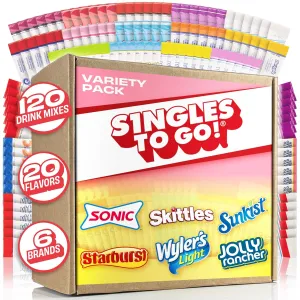 Singles To Go! 120ct Bulk Variety Pack - 20 Different Flavors from Skittles, Sonic, Sunkist, Starburst and More - Sugar Free Drink Mix Packets - Sugar Free Water Flavoring Packets