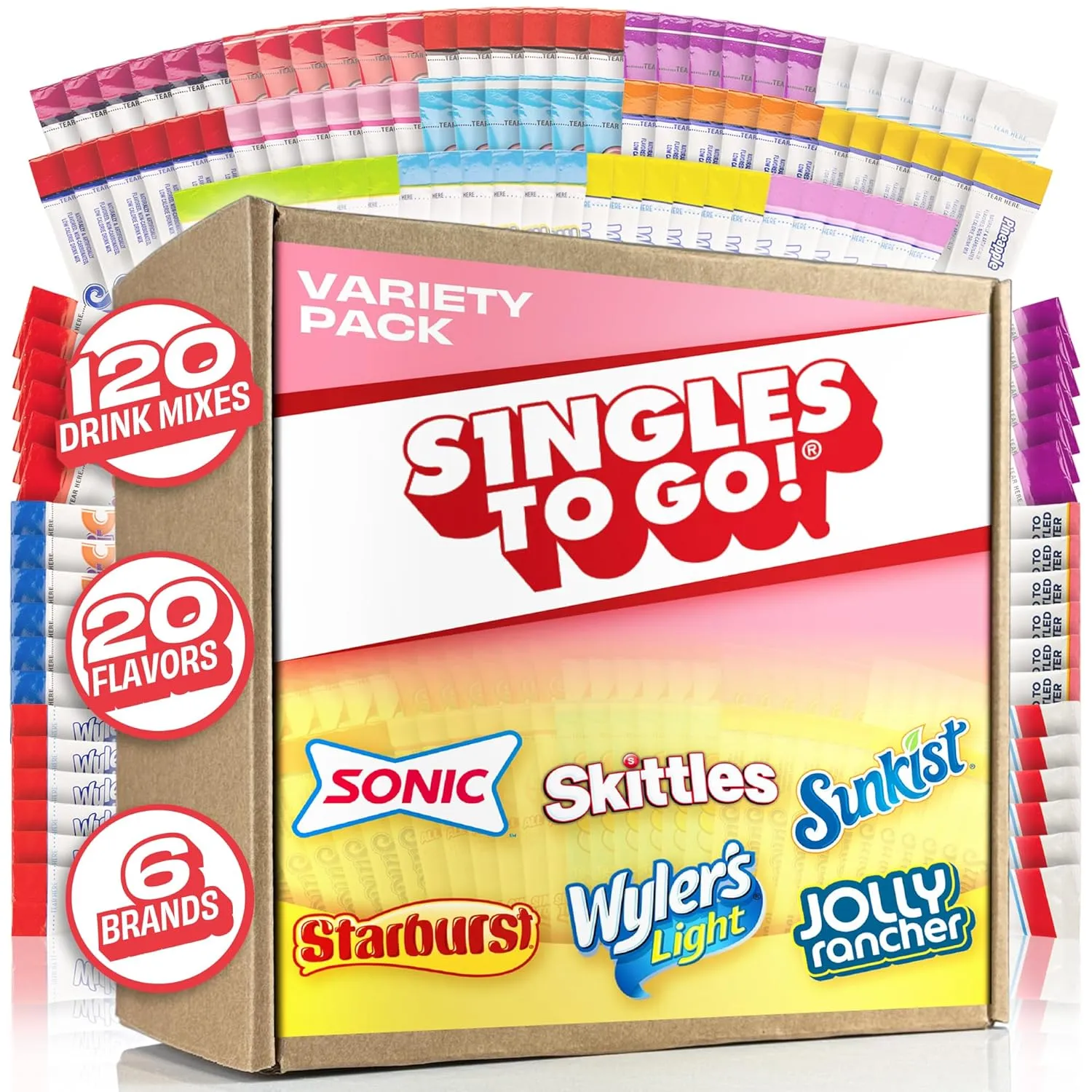 Singles To Go! 120ct Bulk Variety Pack - 20 Different Flavors from Skittles, Sonic, Sunkist, Starburst and More - Sugar Free Drink Mix Packets - Sugar Free Water Flavoring Packets