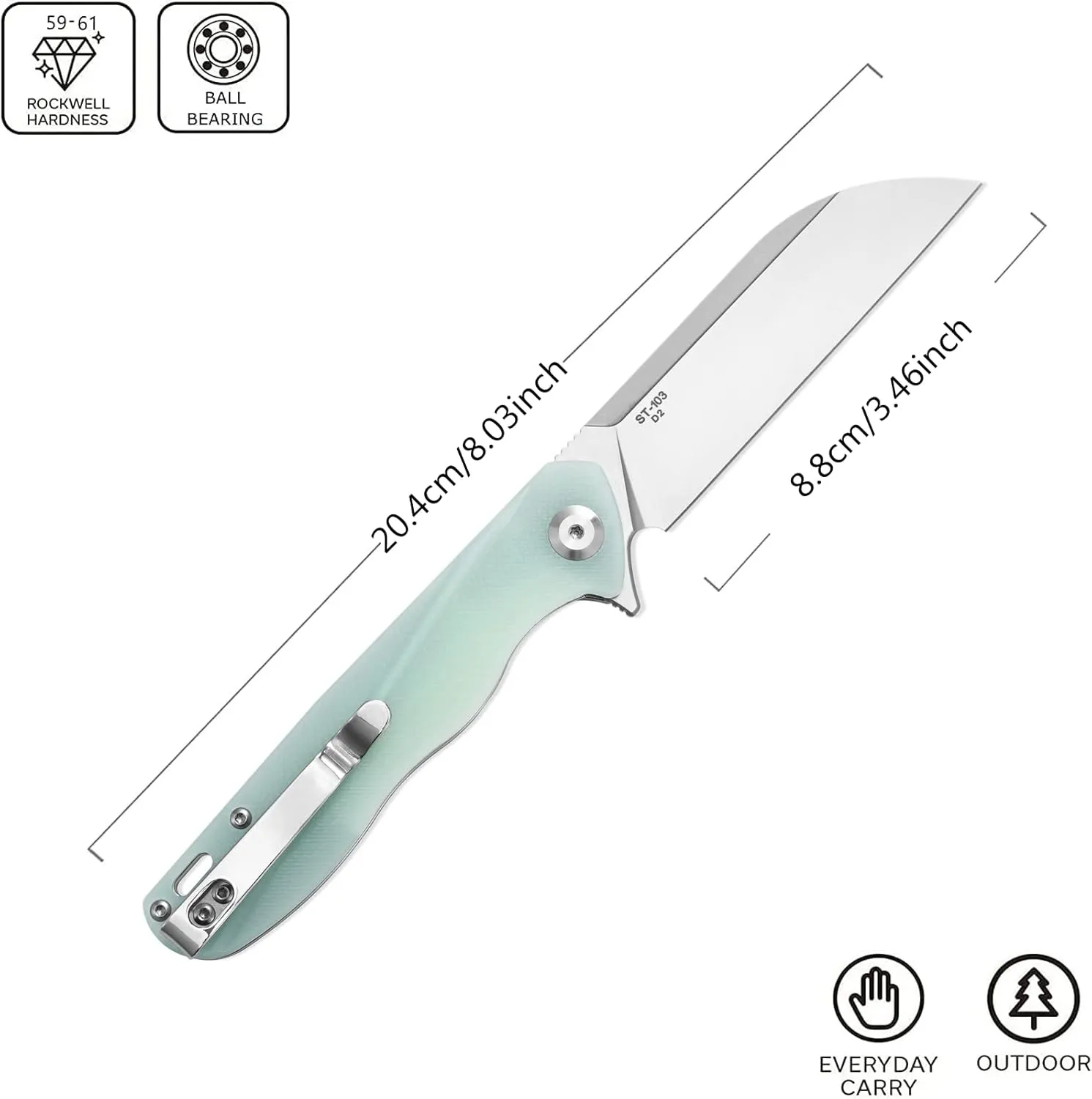 Sitivien ST103 Folding Knife, D2 Steel Blade G10 Handle Pocket Knife, EDC Tool Knife for Outdoor, Camping, Hunting, Survival (Jade)