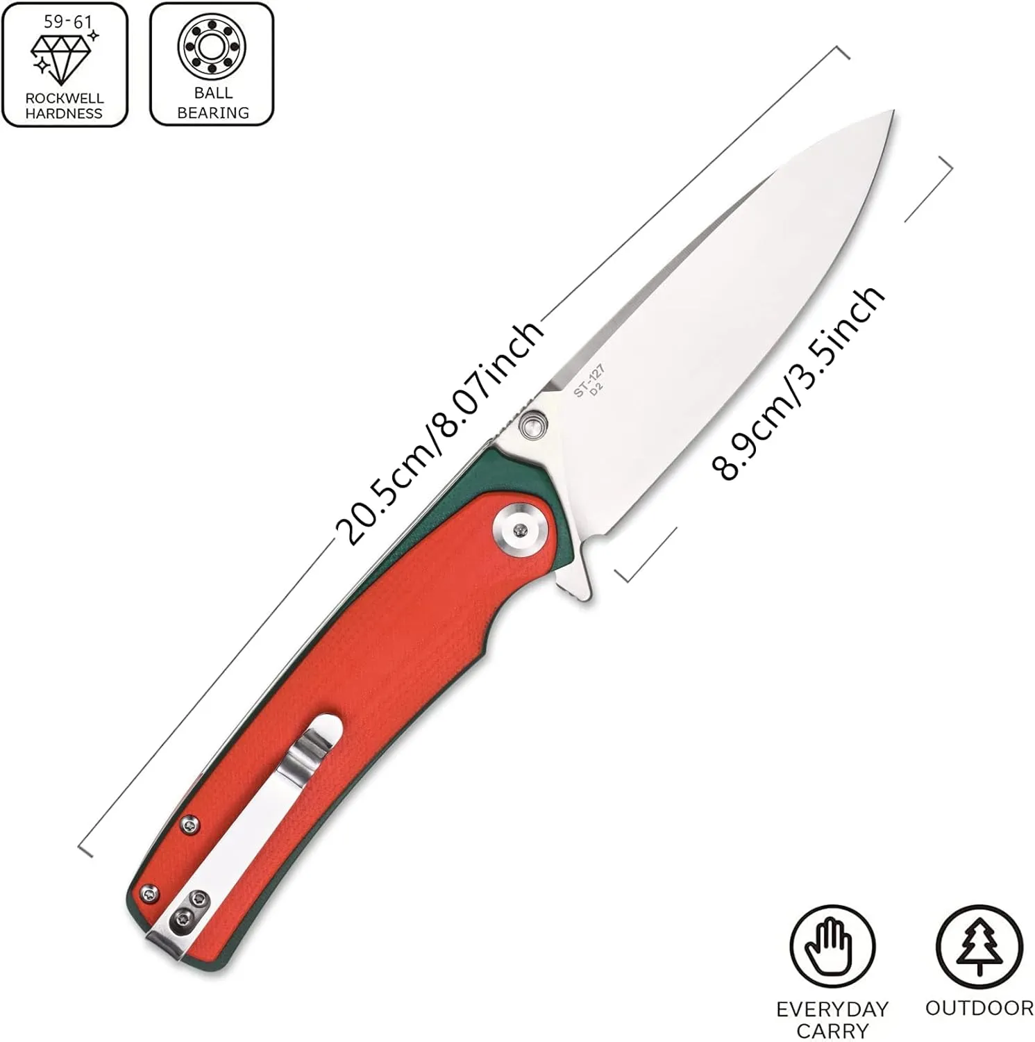Sitivien ST127 Folding Knife,D2 blade G10 Handle Ball Bearings Pivot EDC Tool Knife with Reversible Deep Carry Clip for Outdoor Camping Hiking(Red)