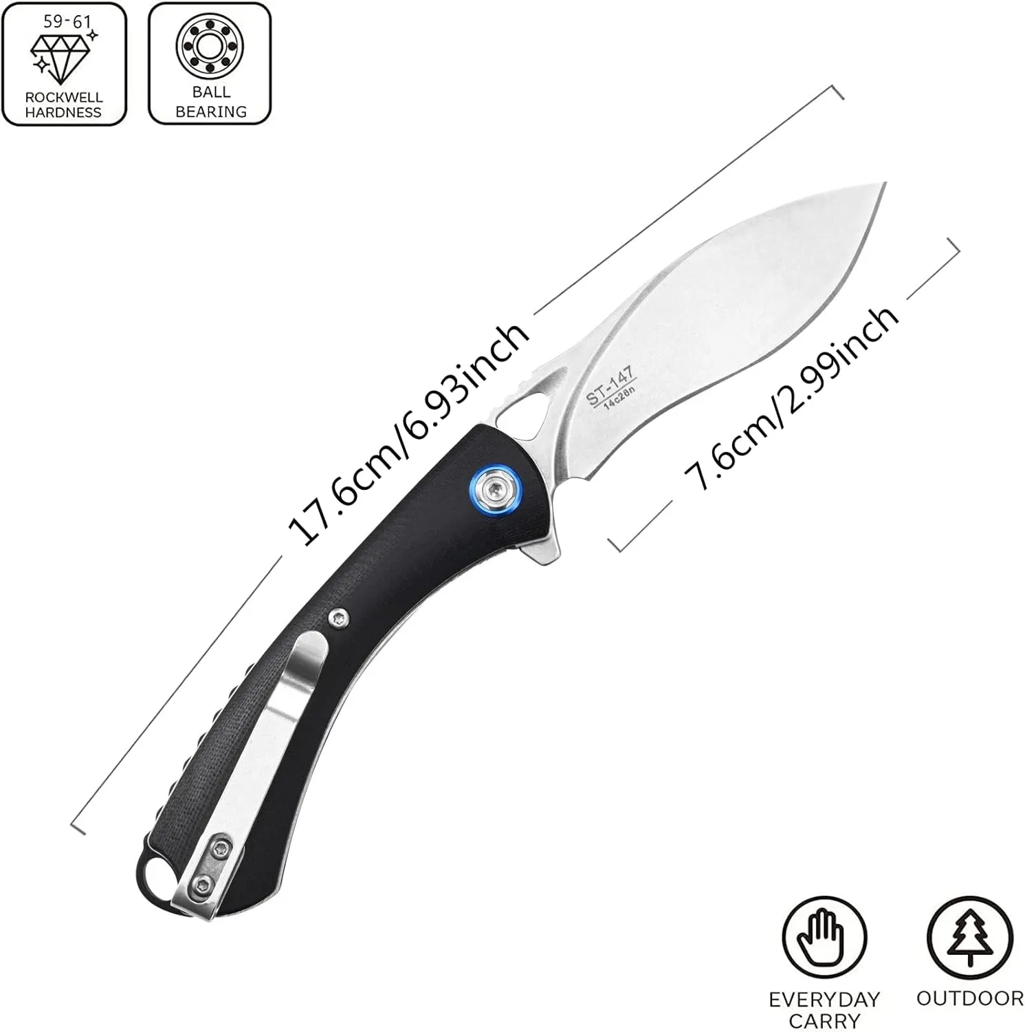 Sitivien ST147 Folding Pocket Knife,14C28N Steel Blade with G10 Handle Utility Knife EDC Tool Knife for Outdoor Camping,Hiking,Hunting(Black)