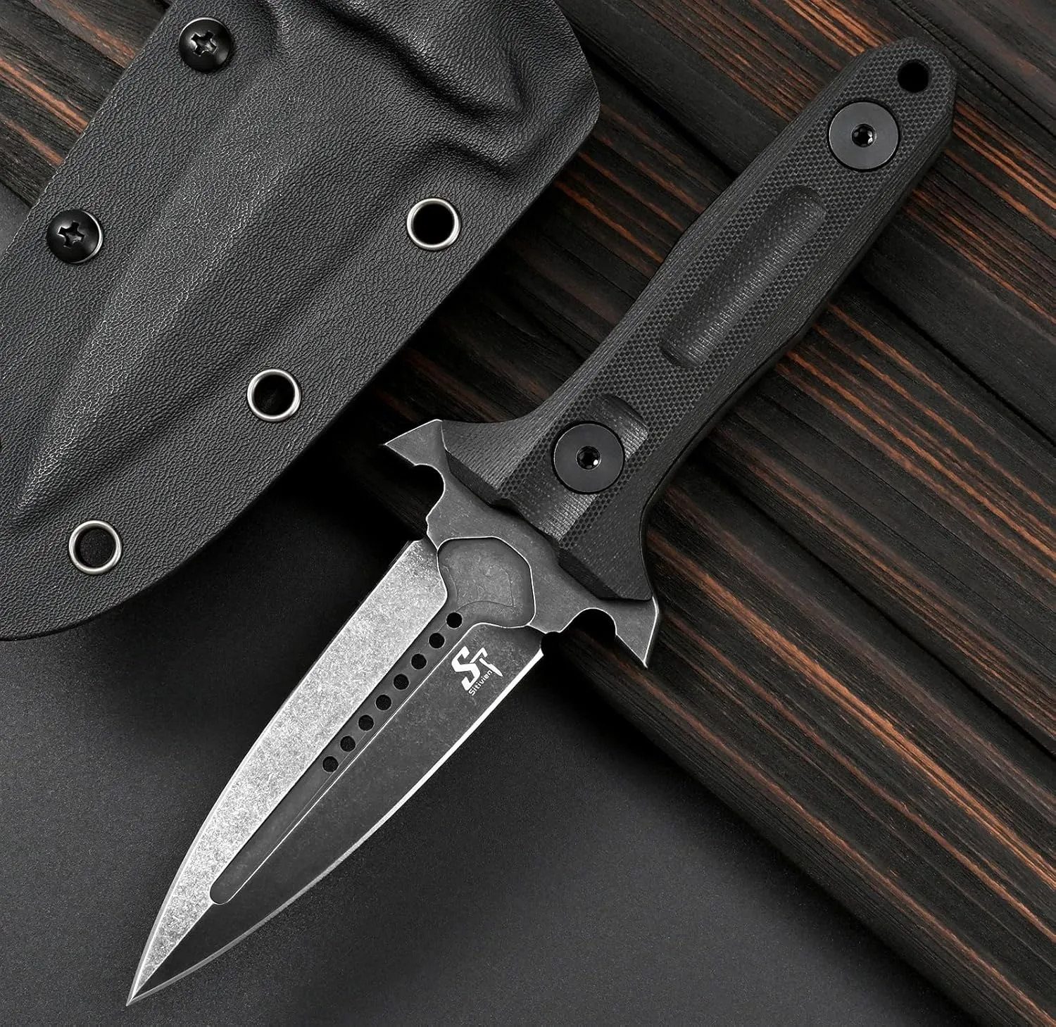 Sitivien ST15 Fixed Blade Knife DC53 Black Stonewashed Steel Blade G10 Handle Full Tang Camping Knife for Outdoor, Tactical, Survival and EDC (Black)