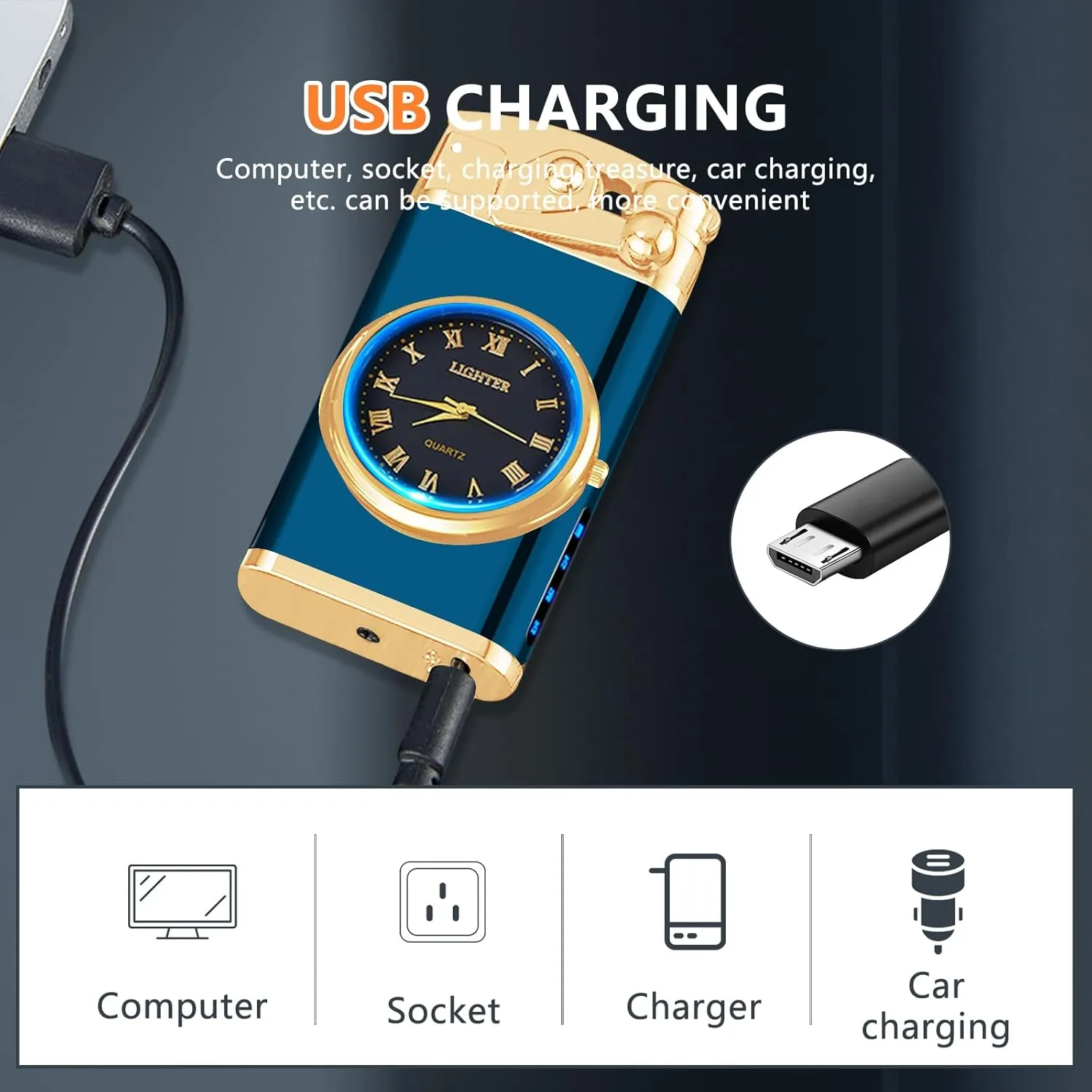 SKRFIRE Electric Plasma Electric Arc Lighter, Windproof Lighters, Metal Lighter Luminous Real Watch dial LED Lighting (Blue)