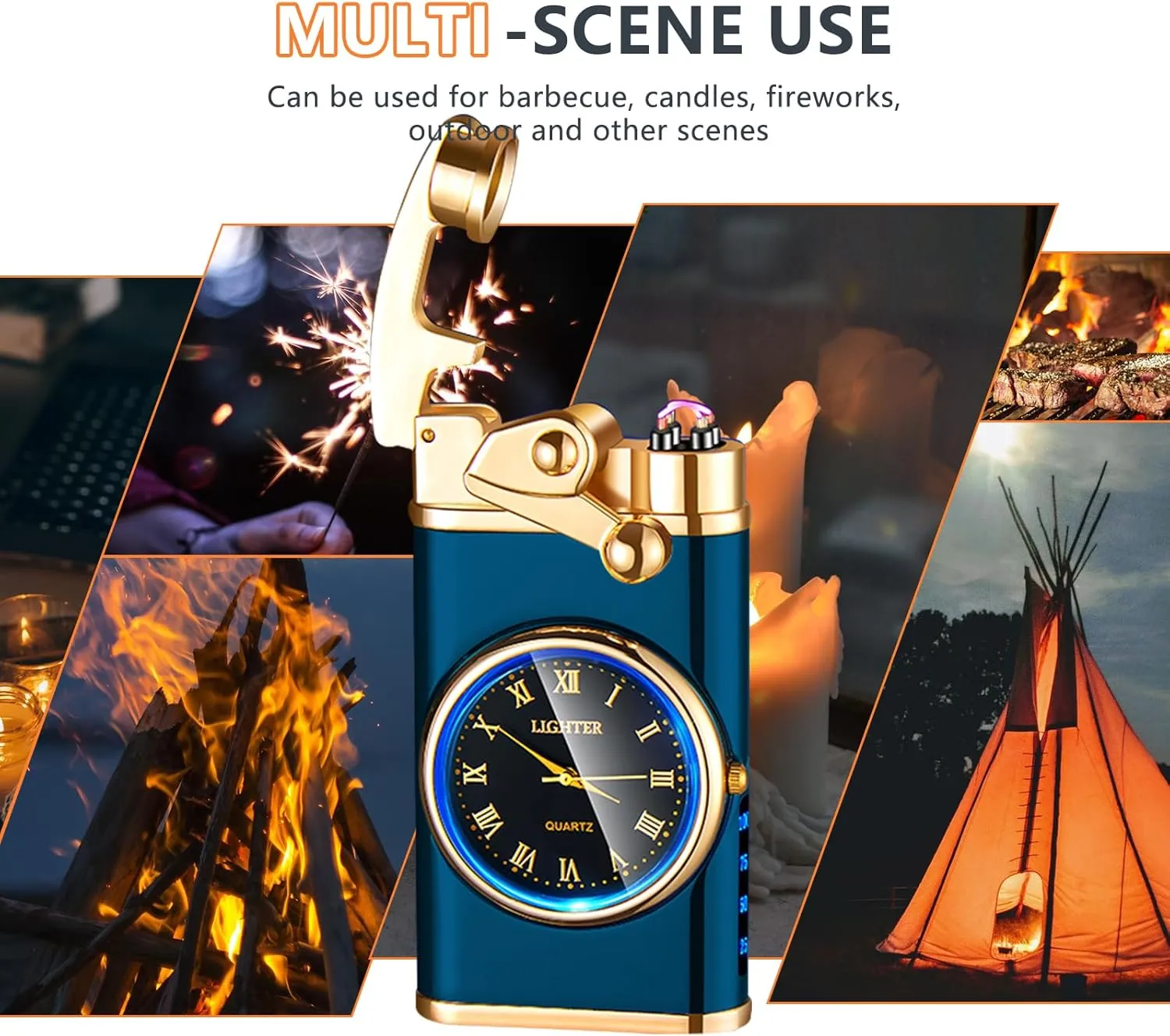 SKRFIRE Electric Plasma Electric Arc Lighter, Windproof Lighters, Metal Lighter Luminous Real Watch dial LED Lighting (Blue)