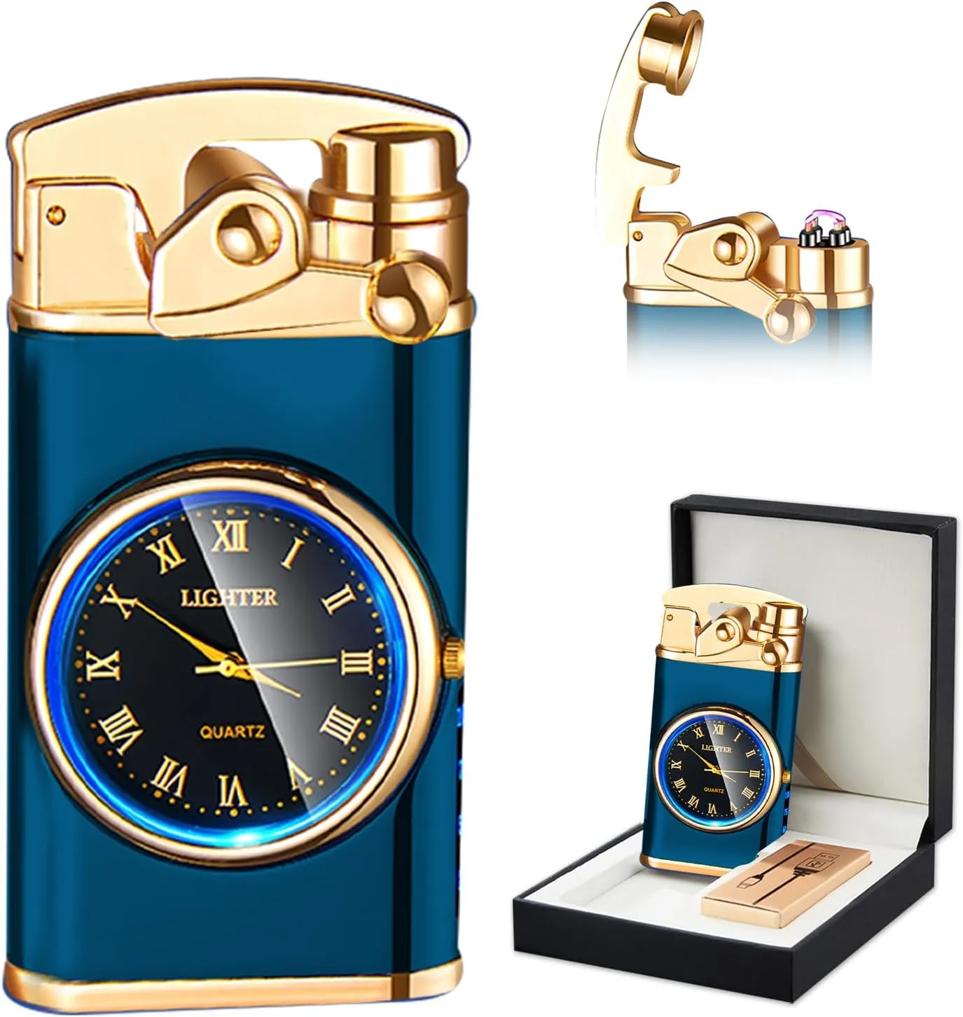 SKRFIRE Electric Plasma Electric Arc Lighter, Windproof Lighters, Metal Lighter Luminous Real Watch dial LED Lighting (Blue)