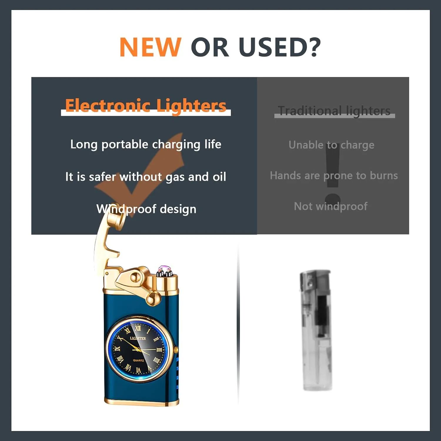 SKRFIRE Electric Plasma Electric Arc Lighter, Windproof Lighters, Metal Lighter Luminous Real Watch dial LED Lighting (Blue)