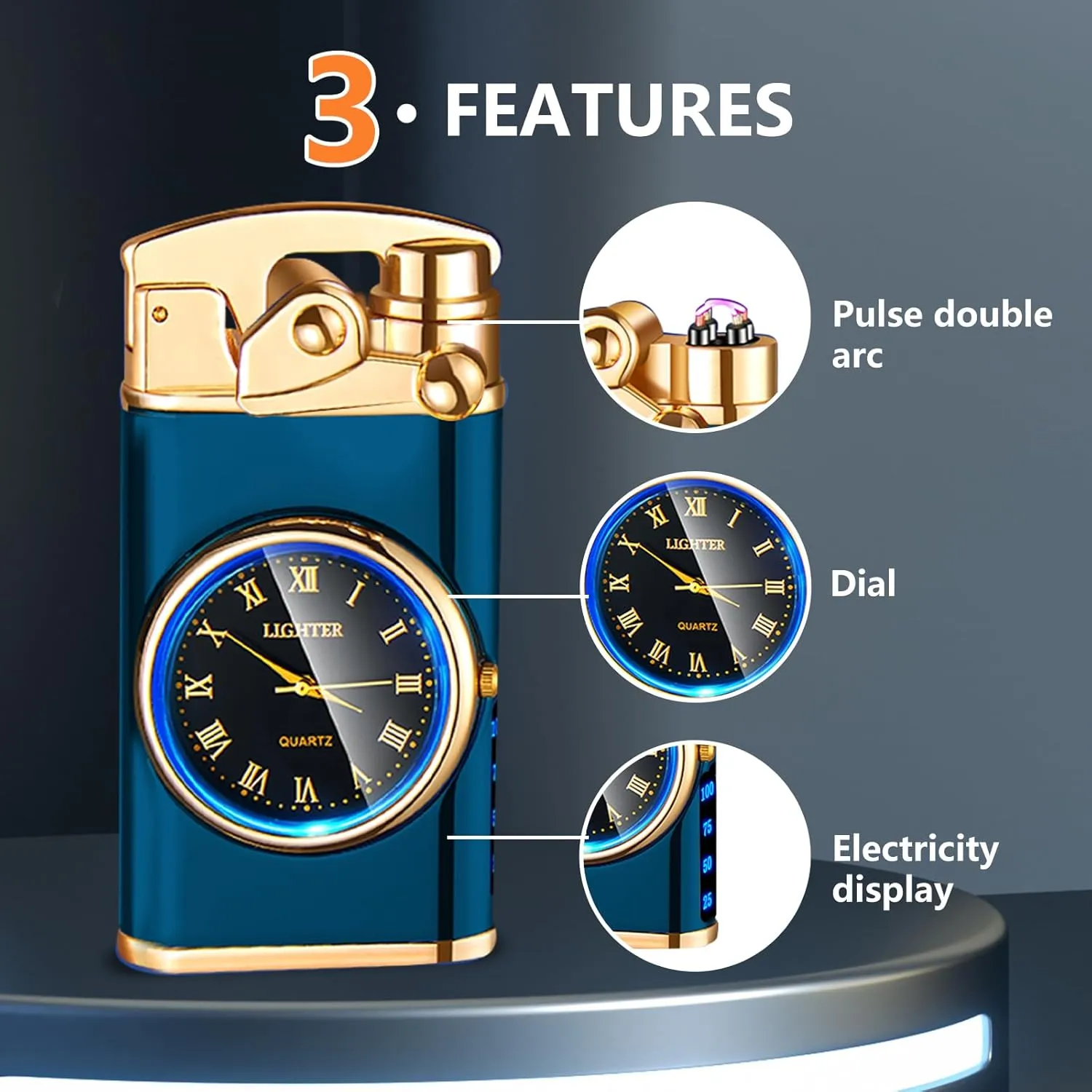 SKRFIRE Electric Plasma Electric Arc Lighter, Windproof Lighters, Metal Lighter Luminous Real Watch dial LED Lighting (Blue)