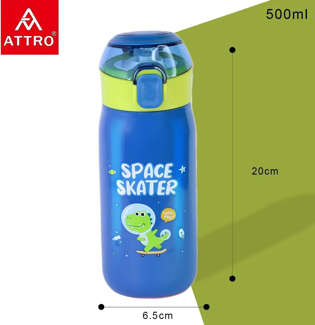 Smart Sipper Insulated Steel Bottle Come with Dinosaur Eye-catching Print Stylish & Functional Easy to Carry with Handle Food Grade,Leakproof-Ideal for Office,School,Outdoor-500ml Skater Blue