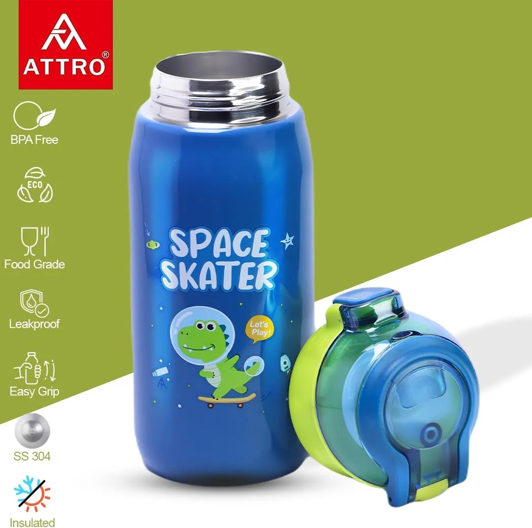 Smart Sipper Insulated Steel Bottle Come with Dinosaur Eye-catching Print Stylish & Functional Easy to Carry with Handle Food Grade,Leakproof-Ideal for Office,School,Outdoor-500ml Skater Blue