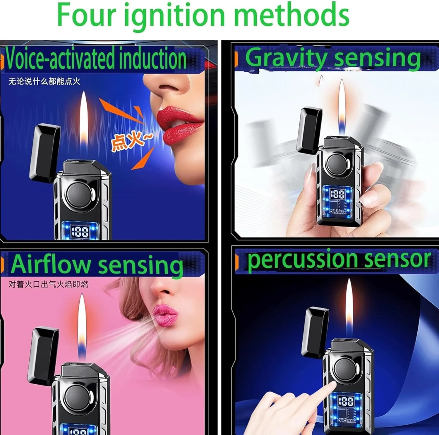 Smart Voice-Activated Lighter, Dual Flame, Windproof, Butane Refillable, Zinc Alloy, Portable, Black