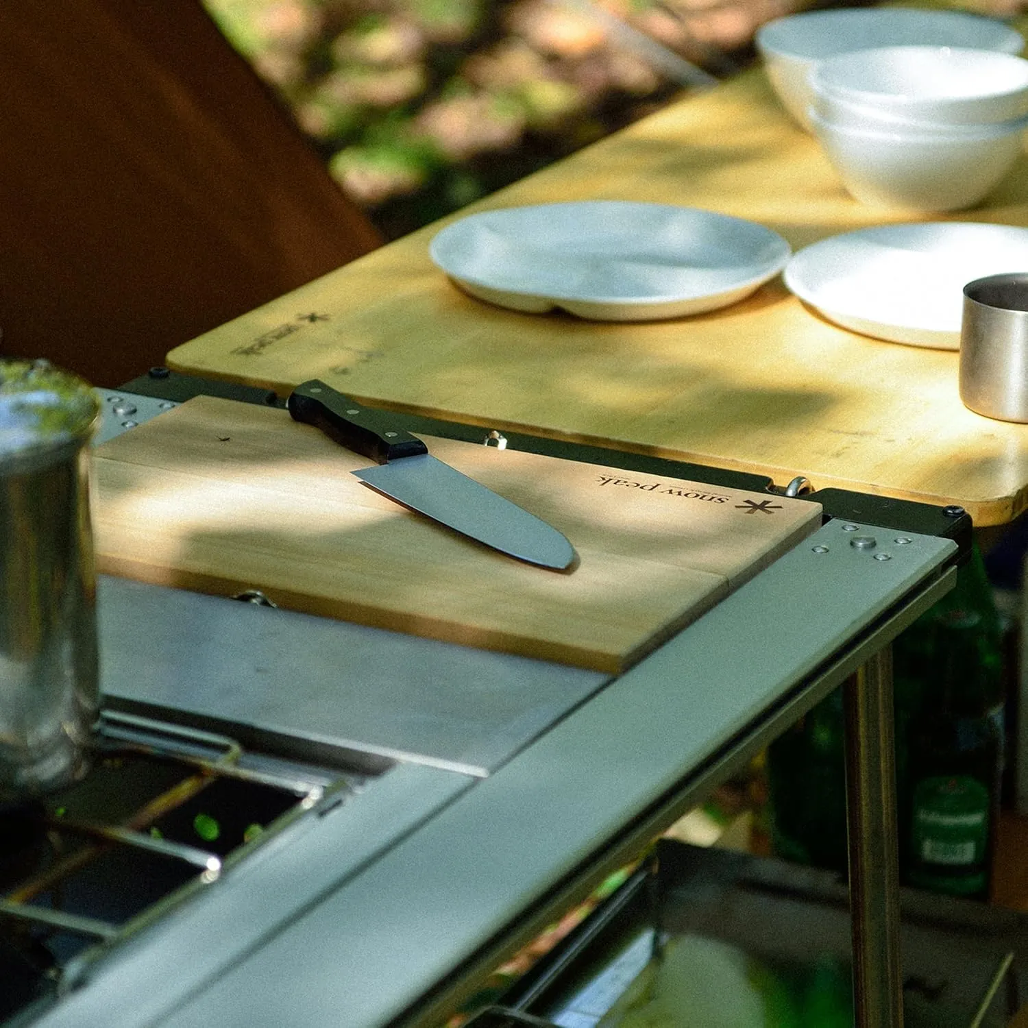 Snow Peak Cutting Board and Knife Set, Chopping Block, Foldable, Natural Birch Wood, Stainless Steel Knife, Camping, Picnic, Large