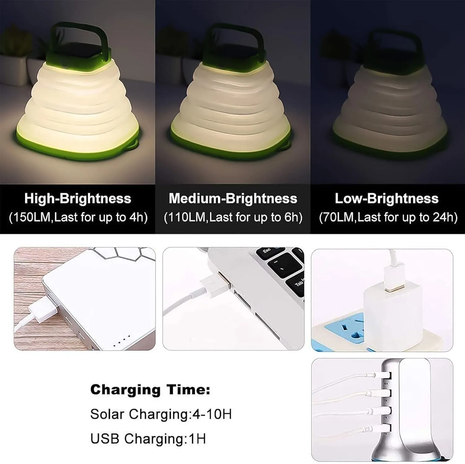 Solar Camping Lantern, 2Pcs LED Rechargeable Collapsible Solar Light 3 Modes USB Cable Tent Lights Camping Lights(Green)