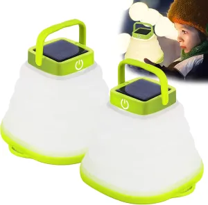 Solar Camping Lantern, 2Pcs LED Rechargeable Collapsible Solar Light 3 Modes USB Cable Tent Lights Camping Lights(Green)