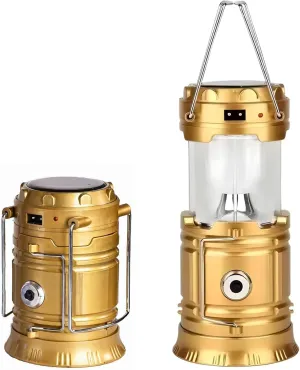 Solar Flashlight with Camping Lantern, USB Rechargeable 3-in-1 Emergency Tent Light, Portable Golden Metal Shell, Perfect for Outdoor & Home Use