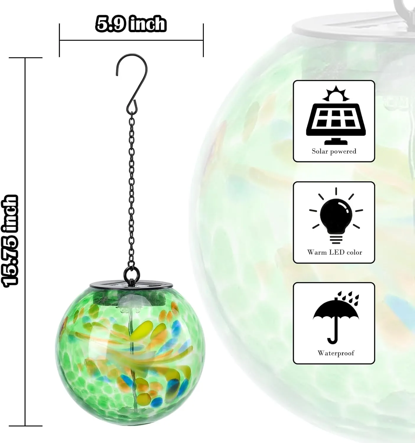 Solar Hanging Lanterns Outdoor Solar Glaze Glass Lantern Gazing Ball Globe Hanging Outdoor Lights for Garden Yard Home Decoration Green