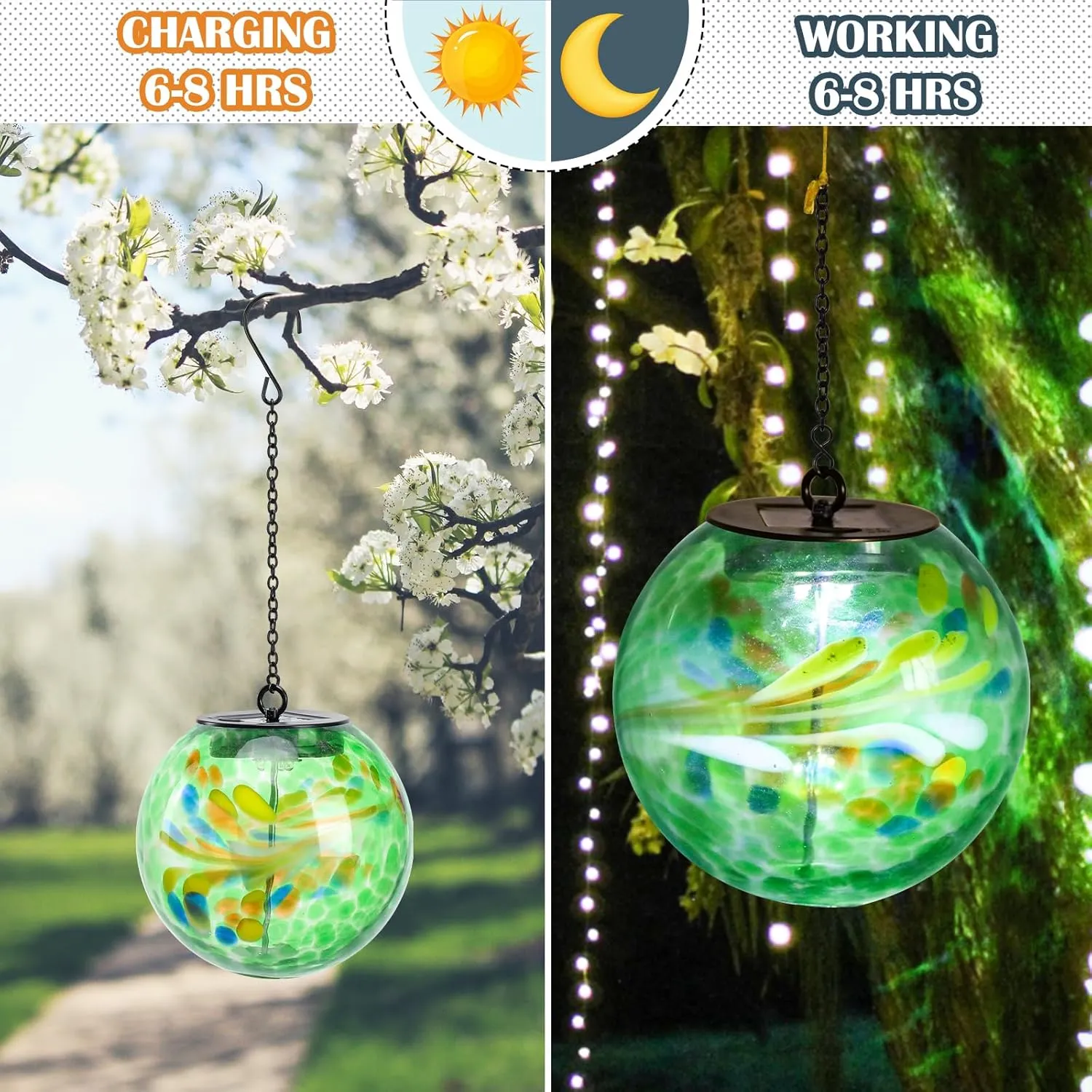 Solar Hanging Lanterns Outdoor Solar Glaze Glass Lantern Gazing Ball Globe Hanging Outdoor Lights for Garden Yard Home Decoration Green