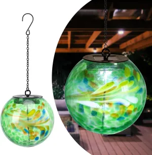 Solar Hanging Lanterns Outdoor Solar Glaze Glass Lantern Gazing Ball Globe Hanging Outdoor Lights for Garden Yard Home Decoration Green