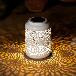 Solar Lantern Outdoor Waterproof White Metal Hollow Out Solar Powered Hanging Lantern Decorative Farmhouse Warm Yellow Light for Garden Patio Courtyard Lawn
