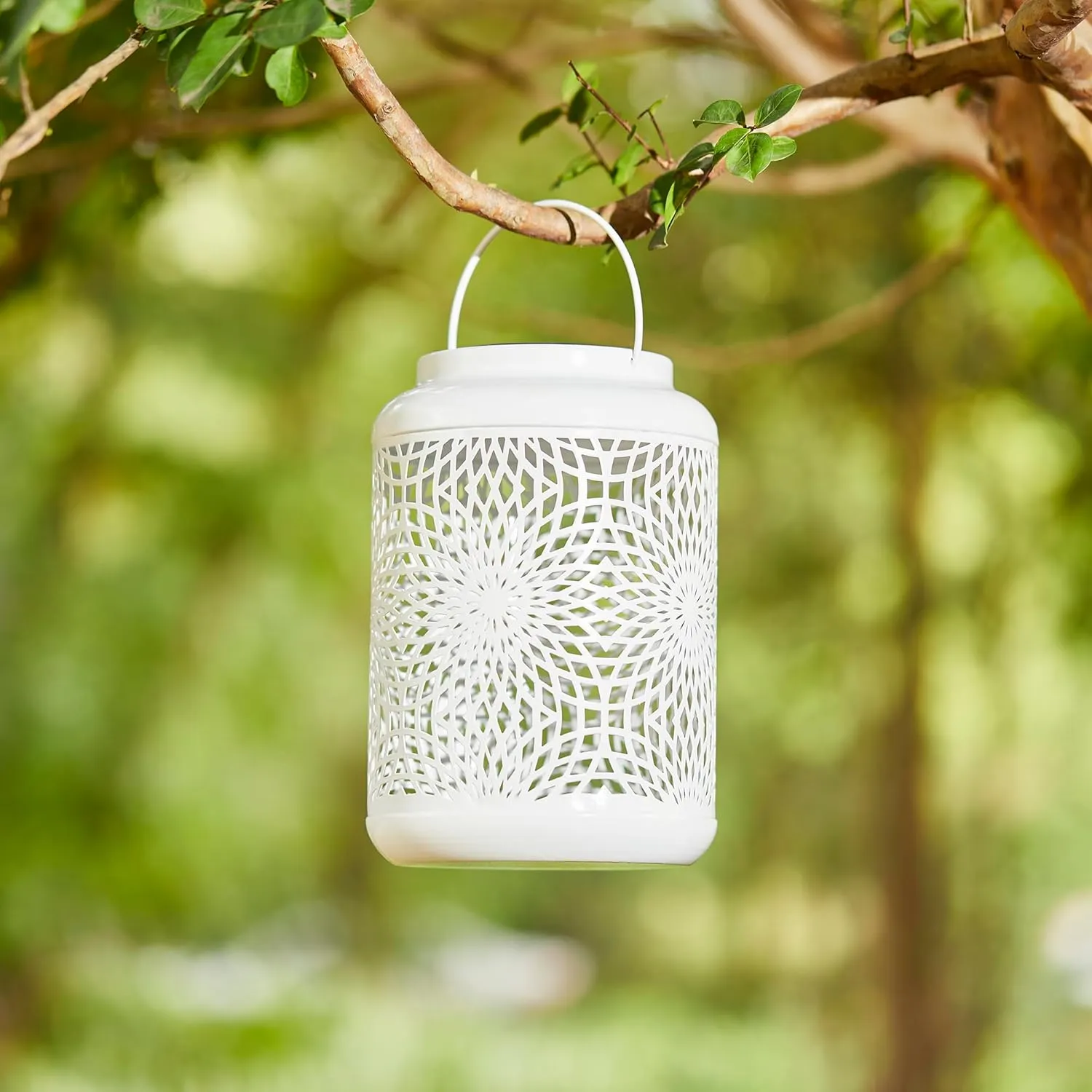 Solar Lantern Outdoor Waterproof White Metal Hollow Out Solar Powered Hanging Lantern Decorative Farmhouse Warm Yellow Light for Garden Patio Courtyard Lawn