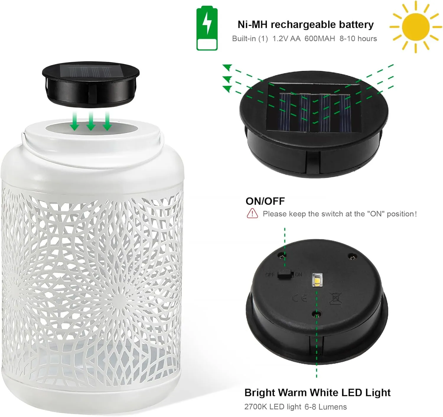 Solar Lantern Outdoor Waterproof White Metal Hollow Out Solar Powered Hanging Lantern Decorative Farmhouse Warm Yellow Light for Garden Patio Courtyard Lawn