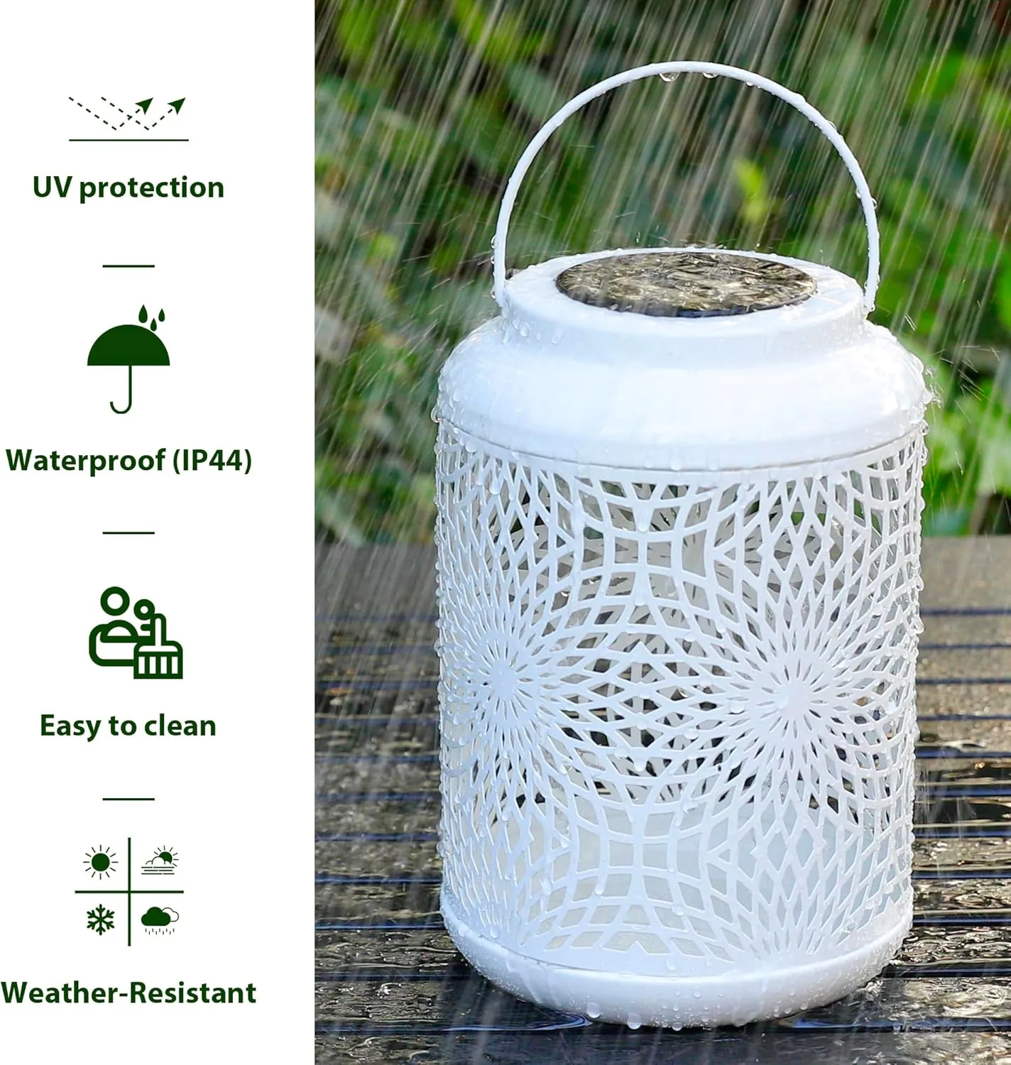 Solar Lantern Outdoor Waterproof White Metal Hollow Out Solar Powered Hanging Lantern Decorative Farmhouse Warm Yellow Light for Garden Patio Courtyard Lawn