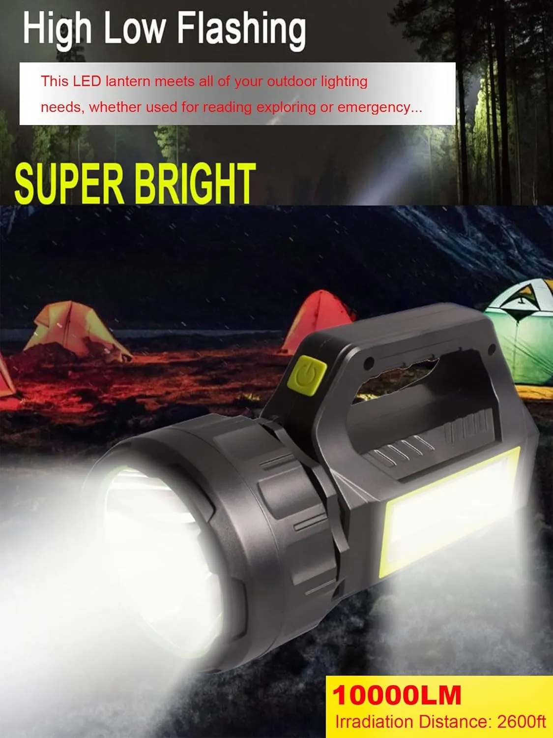 Solar LED Spotlight Lantern, Rechargeable Super Bright 10000LM Handheld LED Searchlight Flashlight, Multifunction Camping Lantern Work Light, 5 Light Modes, Waterproof, for Emergency, Home