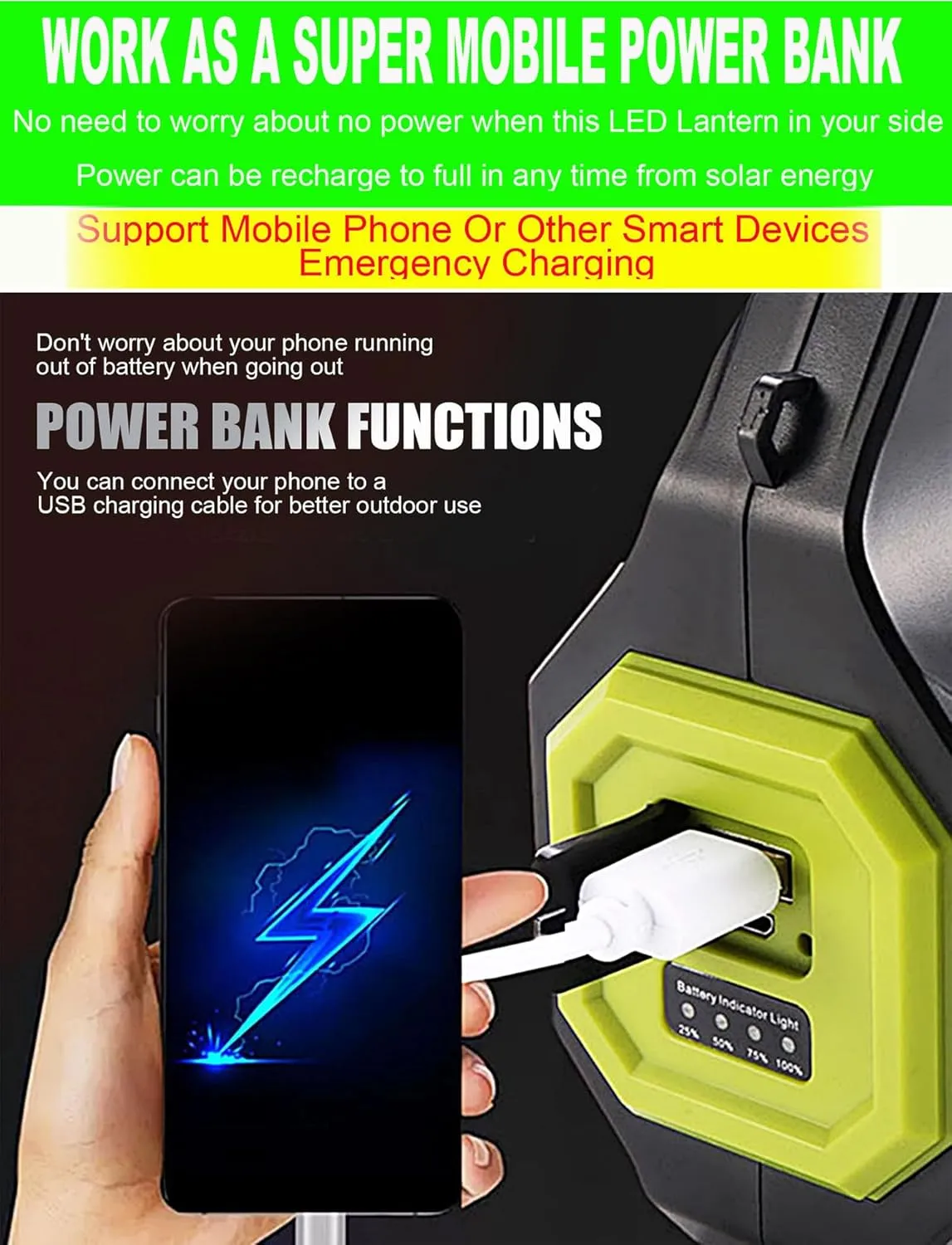 Solar LED Spotlight Lantern, Rechargeable Super Bright 10000LM Handheld LED Searchlight Flashlight, Multifunction Camping Lantern Work Light, 5 Light Modes, Waterproof, for Emergency, Home