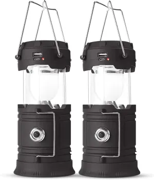 Solar Powered Camping Lantern, Flashlights Charging for Phone, USB Rechargeable LED Camping Lantern, Collapsible & Portable for Emergency, HuHMIASFMKicanes, Black 2 pack