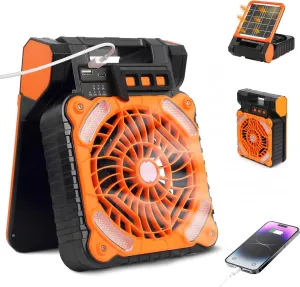 Solar Powered Fan for Camping 20000mAh Portable Rechargeable Solar Camping Fan for Tents with LED Light & Timer, 4 Speed Cordless Battery Powered for Outside Stay Cooling, Orange