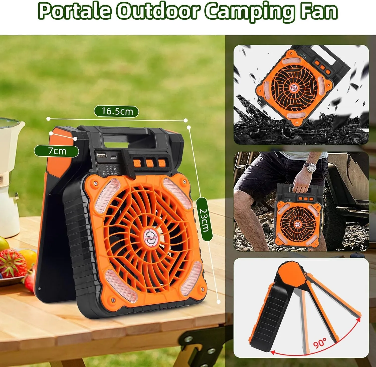 Solar Powered Fan for Camping 20000mAh Portable Rechargeable Solar Camping Fan for Tents with LED Light & Timer, 4 Speed Cordless Battery Powered for Outside Stay Cooling, Orange