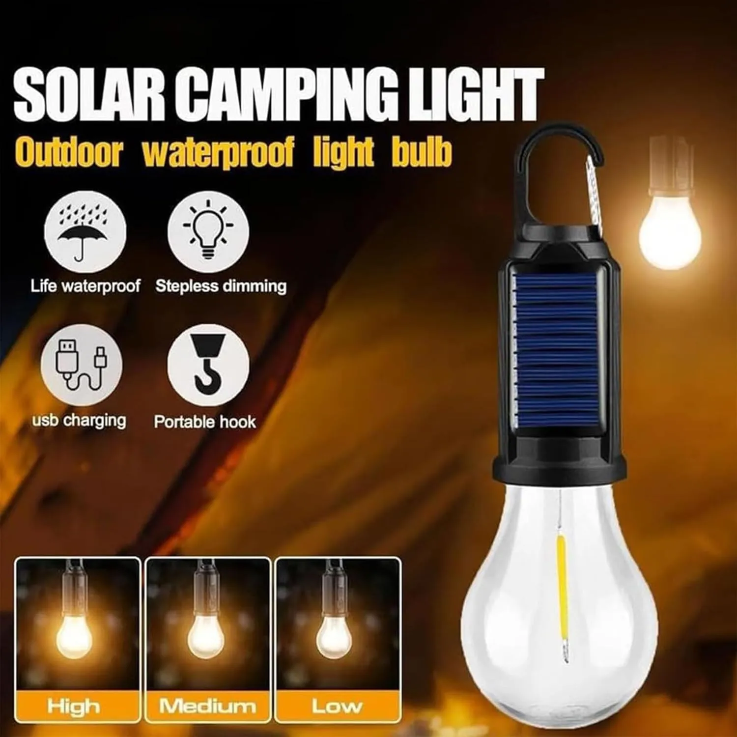 Solar Rechargeable Hooked Camping Light, Led Camping Lantern USB Rechargeable, Portable Outdoor Waterproof Emergency Light Bulb (5 PCS)