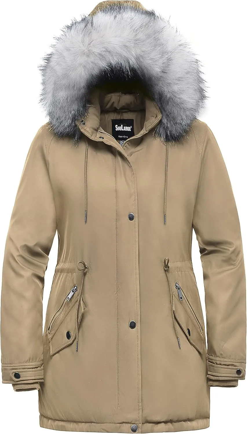 Soularge Women's Plus Size Winter Insulated Parka Coat with Faux Fur Hood