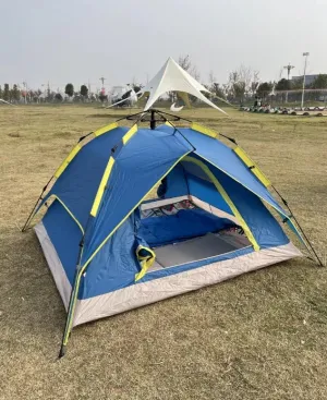 Spacious Camping Tent 3-4 Person Blue Yellow, Instant Pop Up Waterproof, Perfect for Family Outdoor Trips