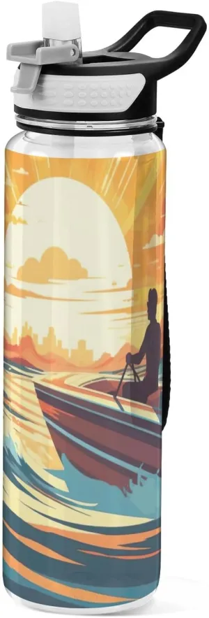 Speedboats Ocean Water Bottle with Straw Sports Bottle 32oz Water Cup for Women Men Boys