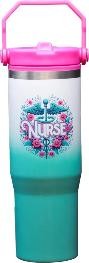 Spoontiques Nurse 30oz Stainless Steel Water Bottle - 10" Tall, Twist Off Lid & Carrying Handle - Stainless Steel Outer Wall & Acrylic Inner Wall
