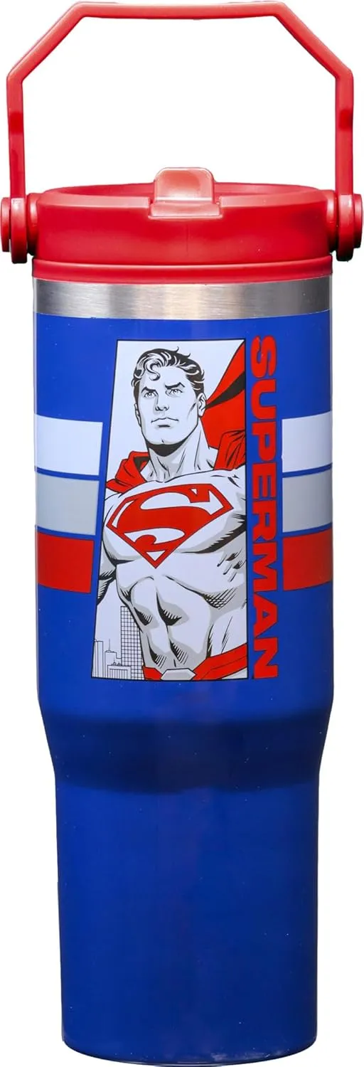 Spoontiques Superman 30oz Stainless Steel Water Bottle - 10" Tall, Twist Off Lid & Carrying Handle - Stainless Steel Outer Wall & Acrylic Inner Wall