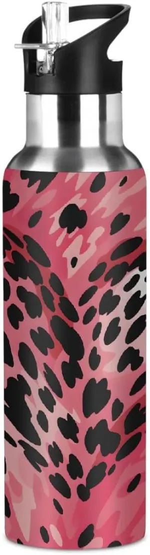 Sport Water Bottle with Straw Leopard Print Love Heart Kids Water Bottle Stainless Steel Insulated Leakproof Vacuum Insulated Tumblers for School Travel