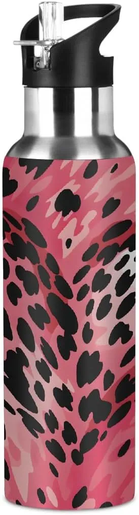 Sport Water Bottle with Straw Leopard Print Love Heart Kids Water Bottle Stainless Steel Insulated Leakproof Vacuum Insulated Tumblers for School Travel