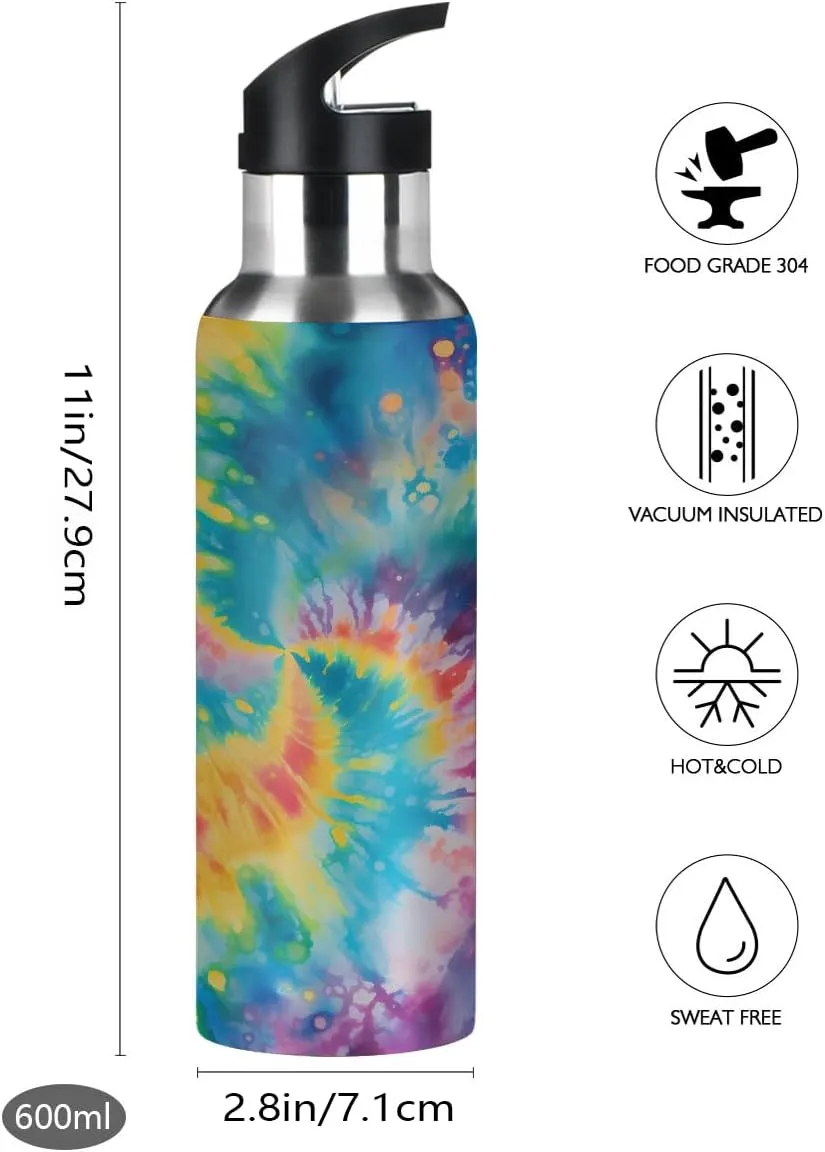 Sport Water Bottle with Straw Rainbow Tie Dye Pattern Kids Water Bottle Stainless Steel Insulated Leakproof Vacuum Insulated Tumblers for School Travel
