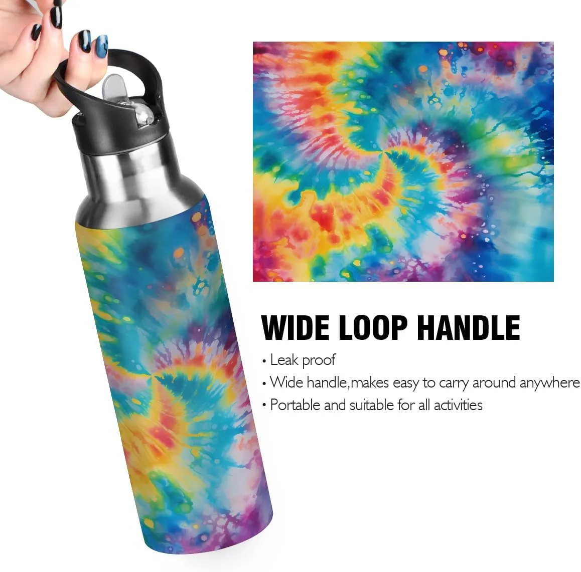 Sport Water Bottle with Straw Rainbow Tie Dye Pattern Kids Water Bottle Stainless Steel Insulated Leakproof Vacuum Insulated Tumblers for School Travel