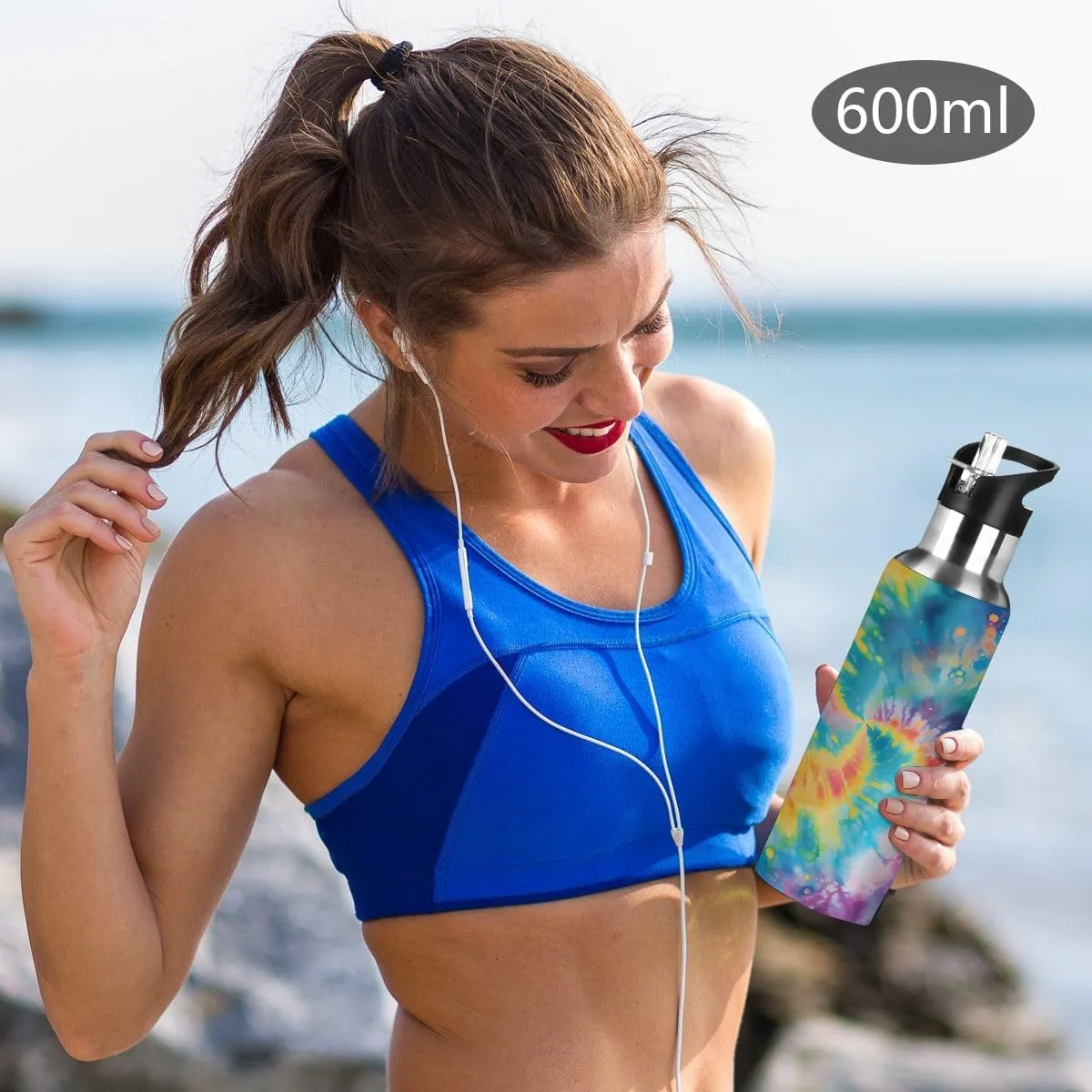 Sport Water Bottle with Straw Rainbow Tie Dye Pattern Kids Water Bottle Stainless Steel Insulated Leakproof Vacuum Insulated Tumblers for School Travel