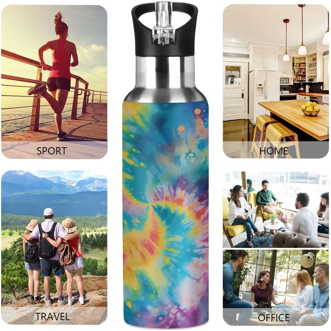 Sport Water Bottle with Straw Rainbow Tie Dye Pattern Kids Water Bottle Stainless Steel Insulated Leakproof Vacuum Insulated Tumblers for School Travel