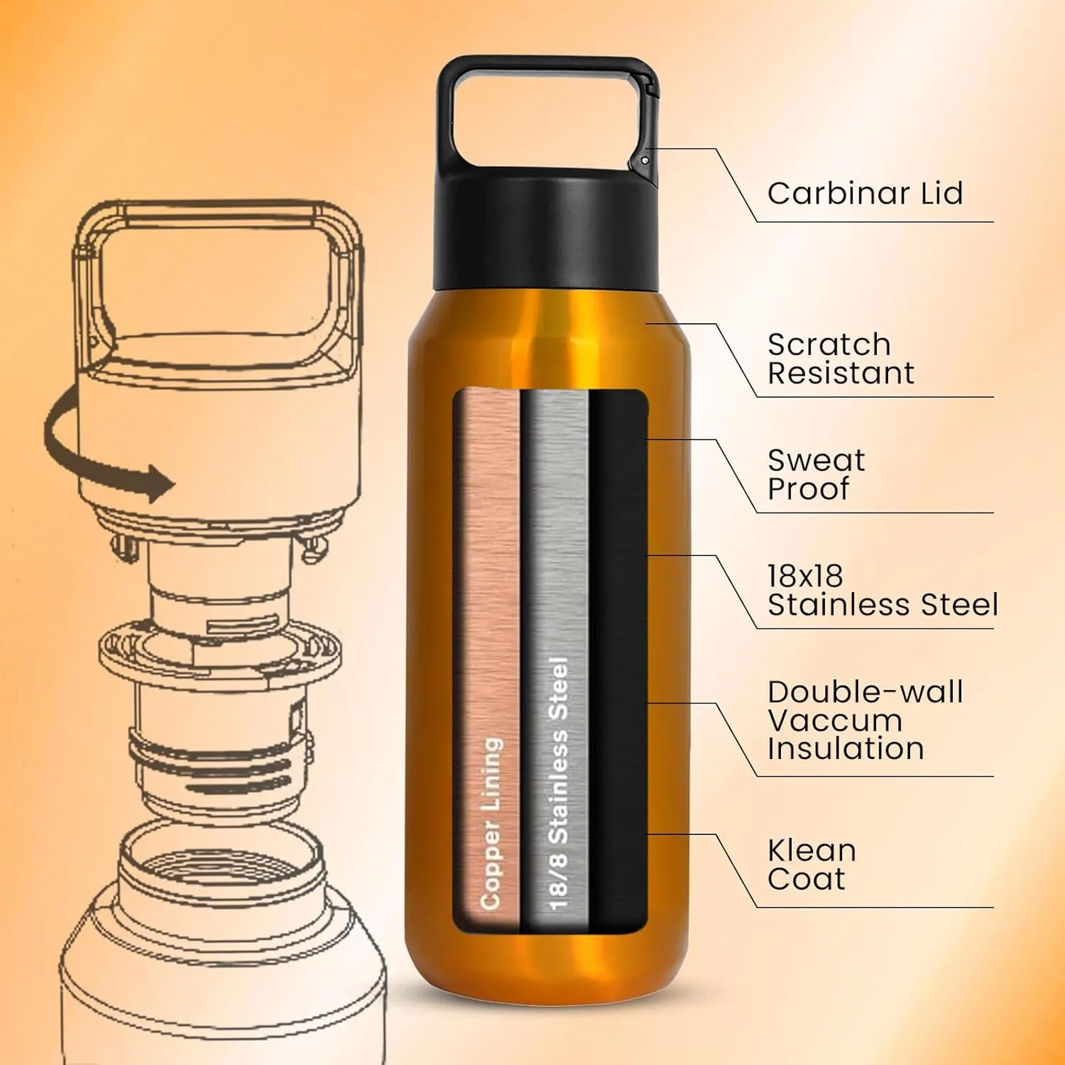 Sports Water Bottle Carbonated 20 Oz Leak Proof Stainless Steel Gym & Sports Bottles for Men & Women Double Walled & Vacuum Insulated Pack of 1 (GOLD)